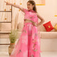 Girls Pink Ethnic Foil Print Organza Circular Lehenga & Choli With Dupatta