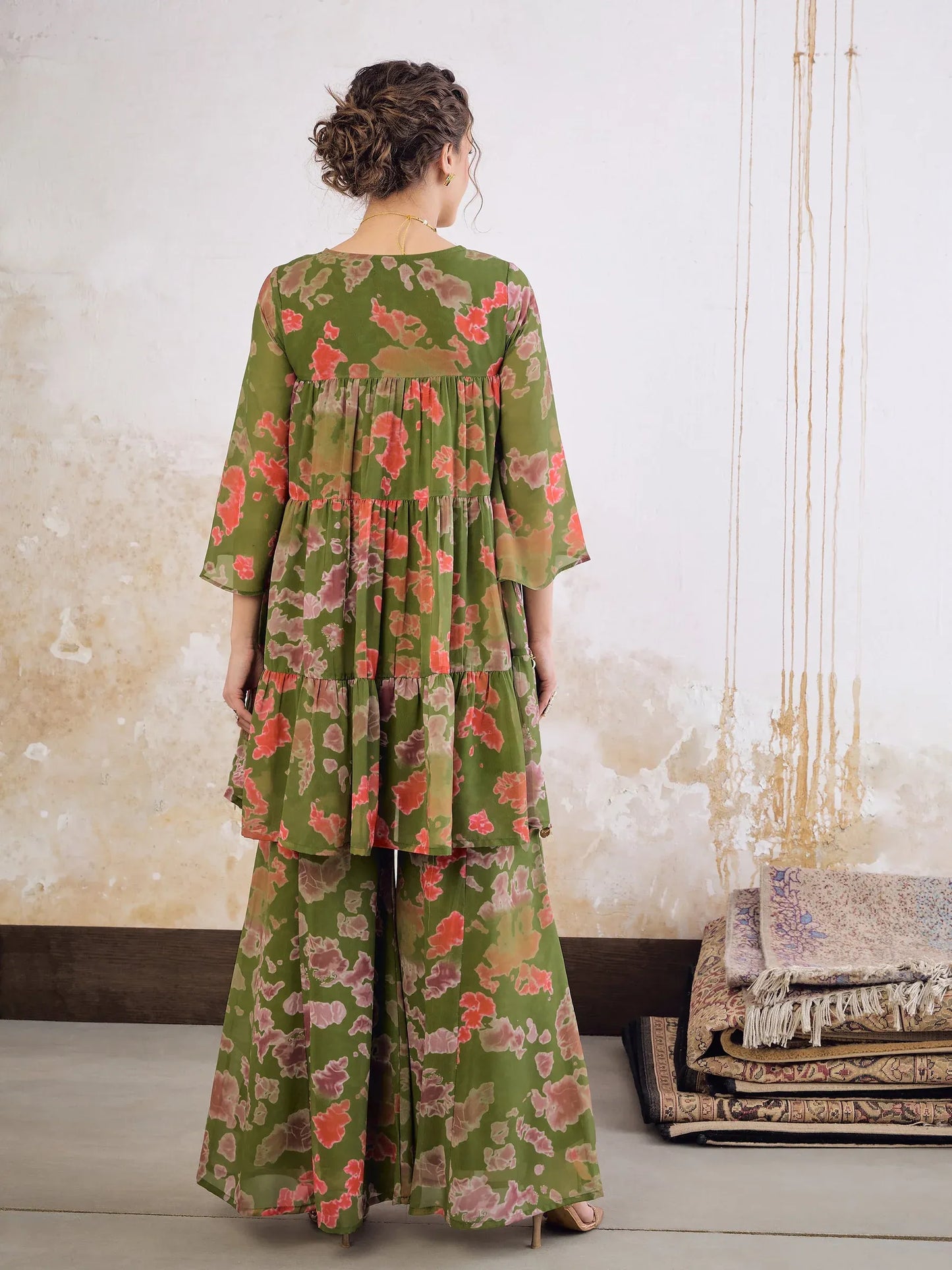 Women Orange/Green Tie & Dye Coin Lace Tired Kurta With Sharara Pants
