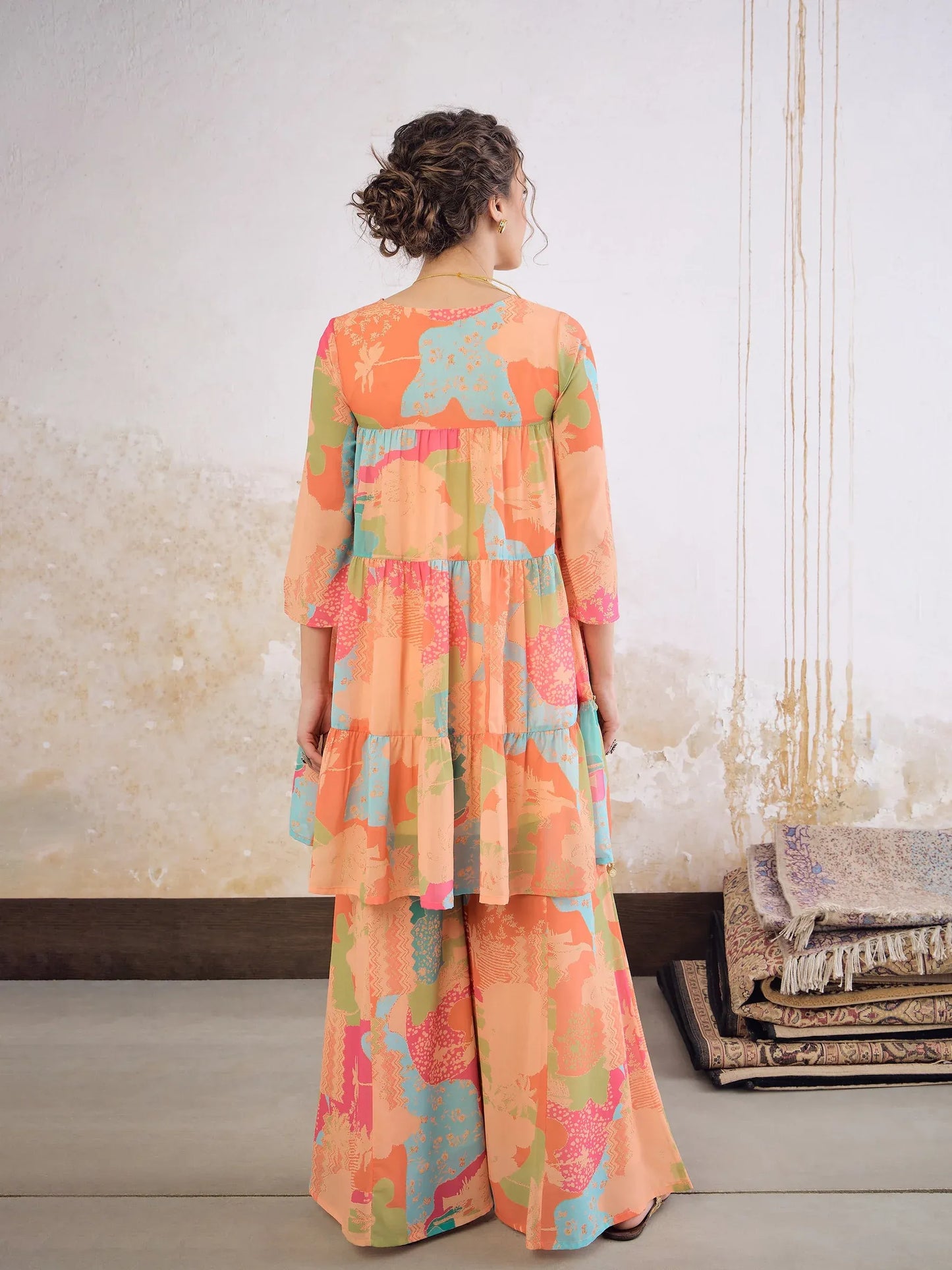 Women Orange/Green Tie & Dye Coin Lace Tired Kurta With Sharara Pants