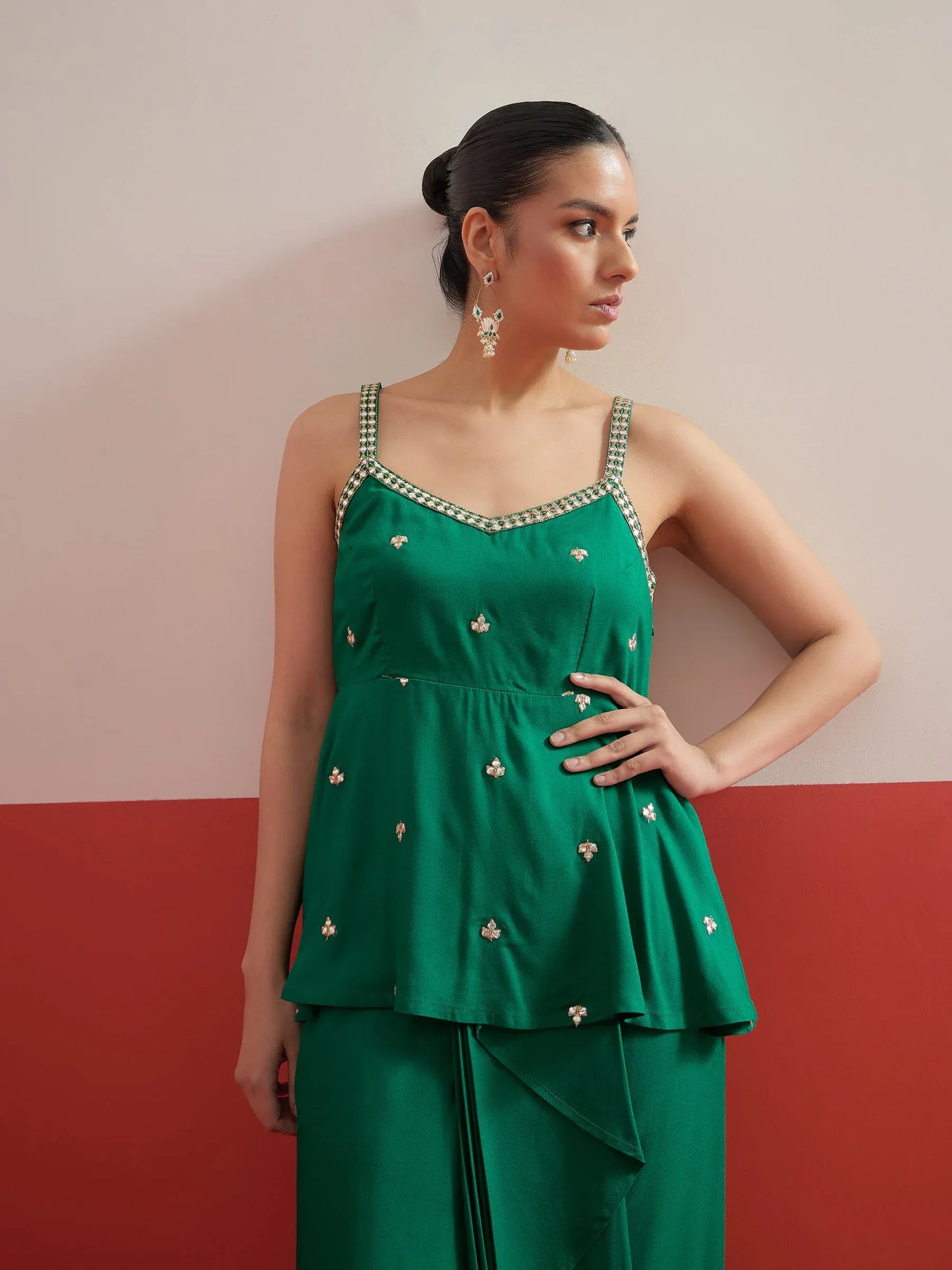 Women Embroidered Strappy Top With Dhoti Skirt