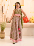 Girls Olive-Green Ethnic Booti Printed Cotton Circular Lehenga & Choli With Dupatta