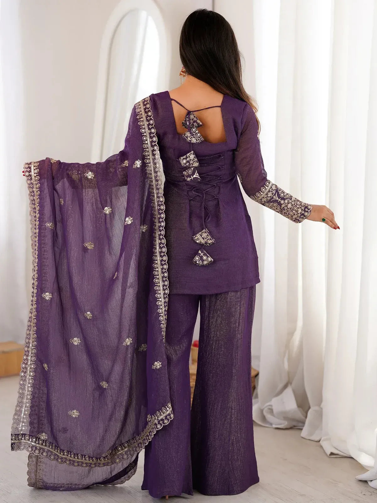 Shiny Purple Zari Work Silk Festival Wear Palazzo Suit With Dupatta