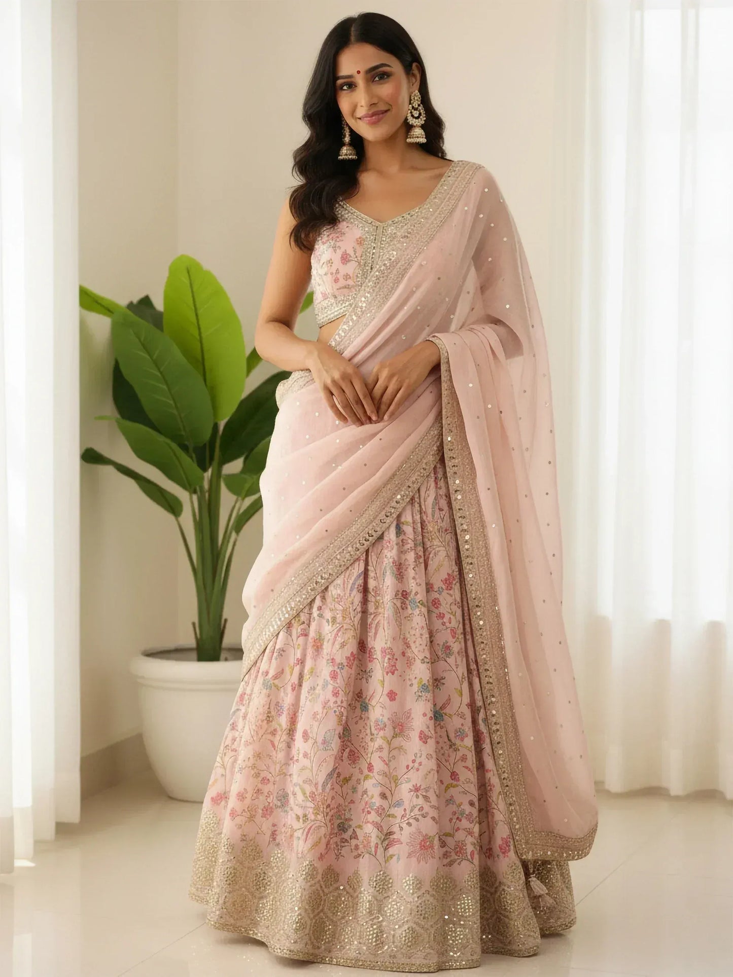Gorgeous Peach Digital Printed Organza Sangeet Wear Lehenga Choli