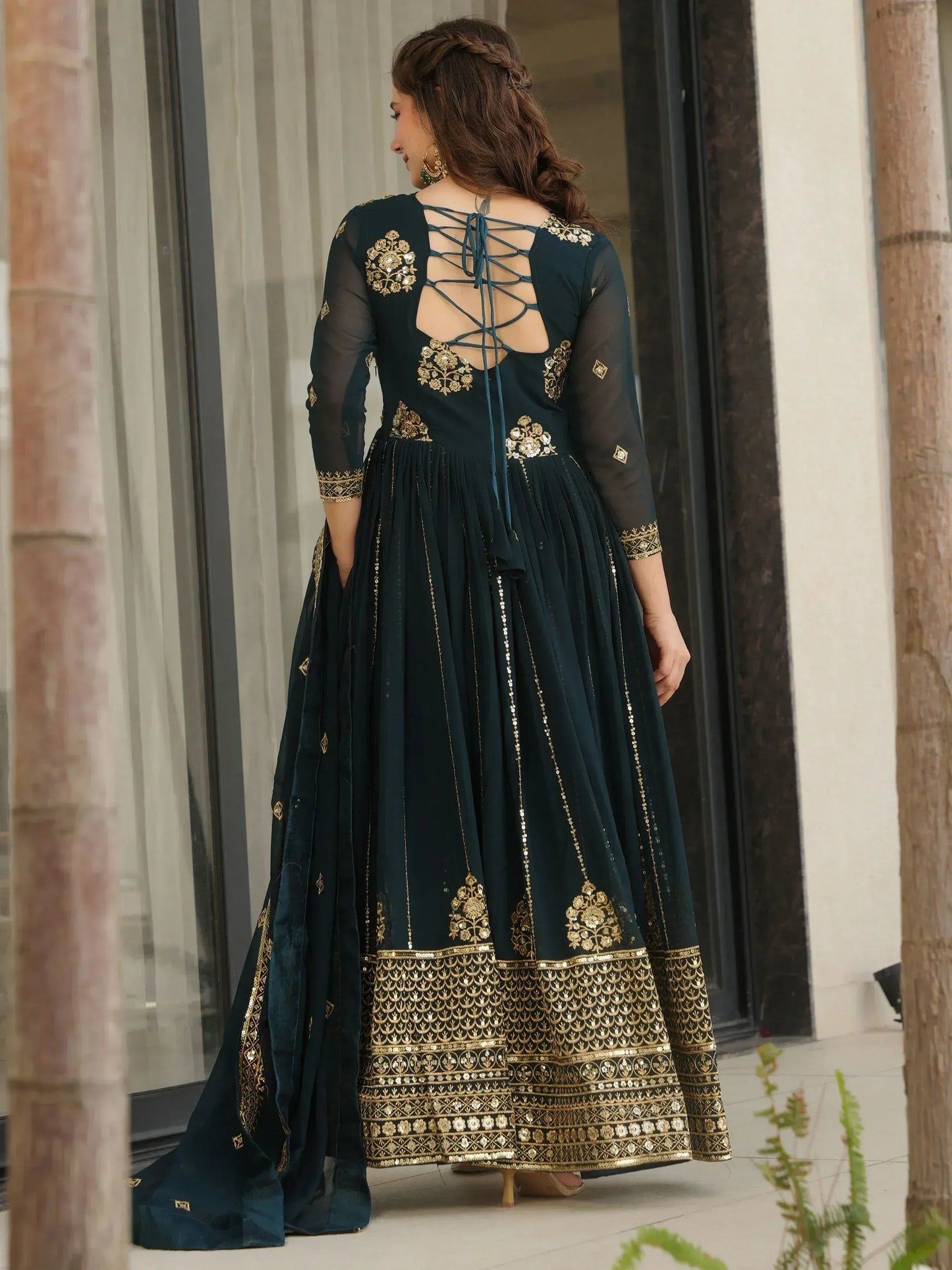Intricate Georgette Sequins Embroidered Gown With Dupatta