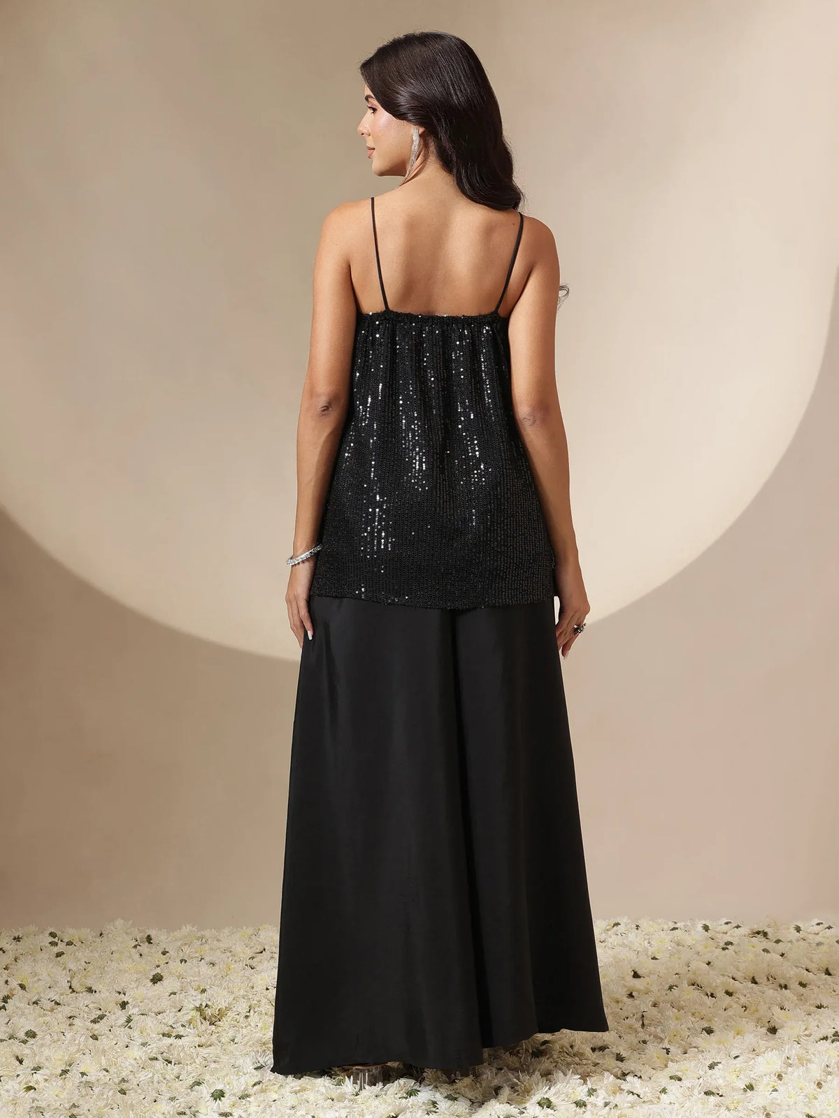 Women Black/Brown Sequin Strappy Top With Flared Pants