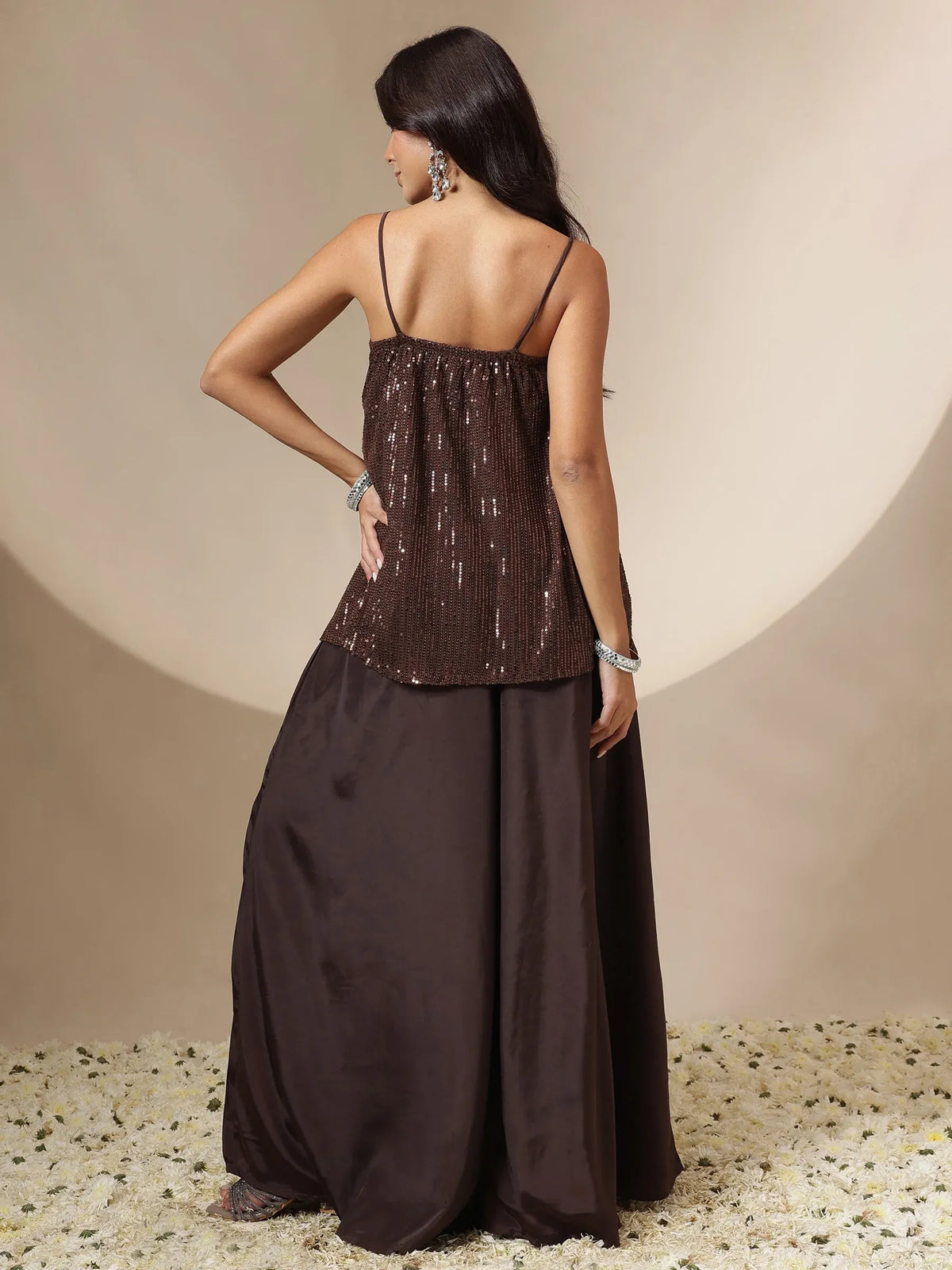 Women Black/Brown Sequin Strappy Top With Flared Pants