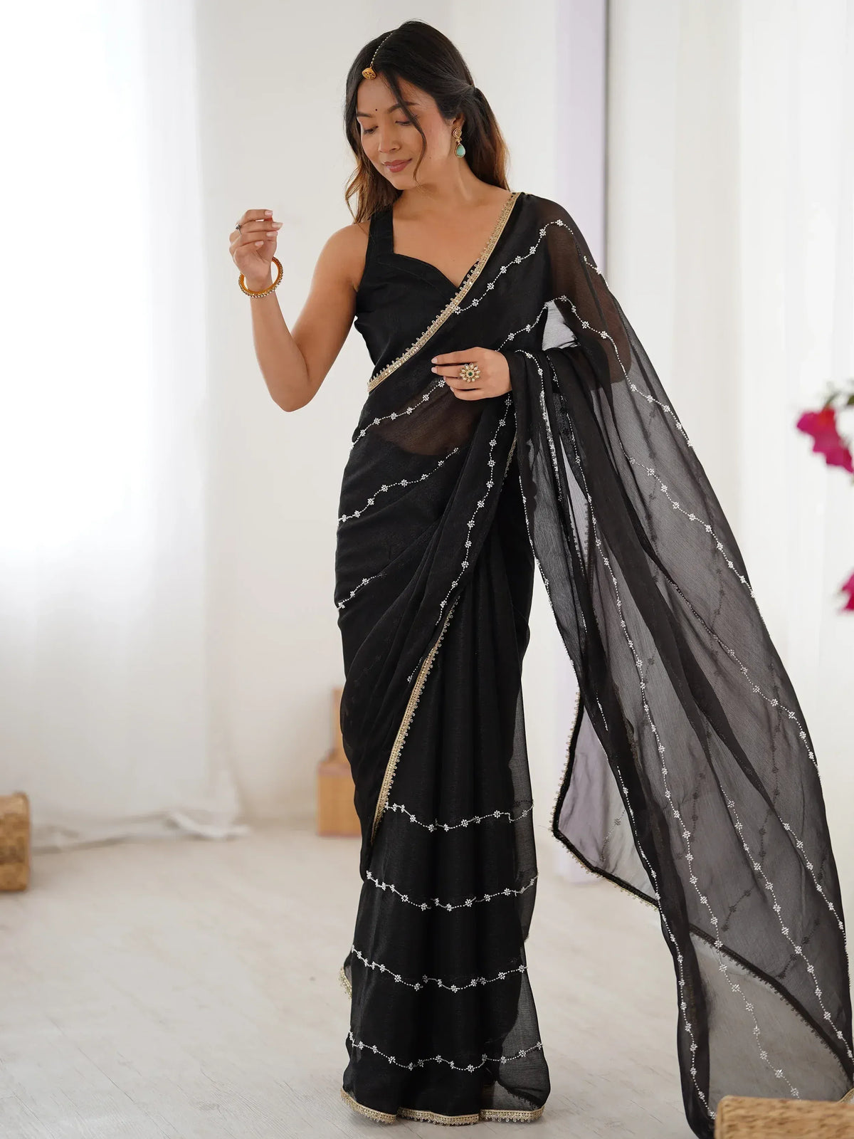 Gorgeous Beads Work Chiffon Saree With Blouse