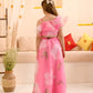 Girls Pink Ethnic Foil Print Organza Circular Lehenga & Choli With Dupatta