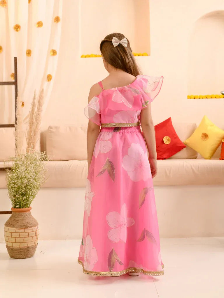 Girls Pink Ethnic Foil Print Organza Circular Lehenga & Choli With Dupatta