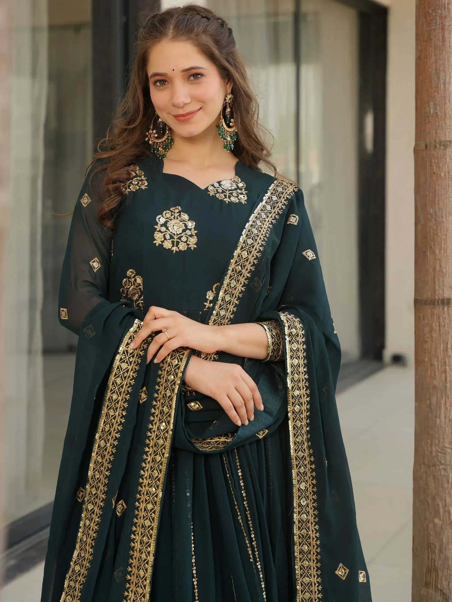 Intricate Georgette Sequins Embroidered Gown With Dupatta