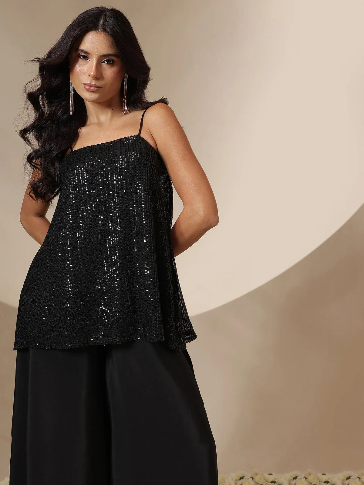 Women Black/Brown Sequin Strappy Top With Flared Pants