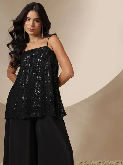 Women Black/Brown Sequin Strappy Top With Flared Pants