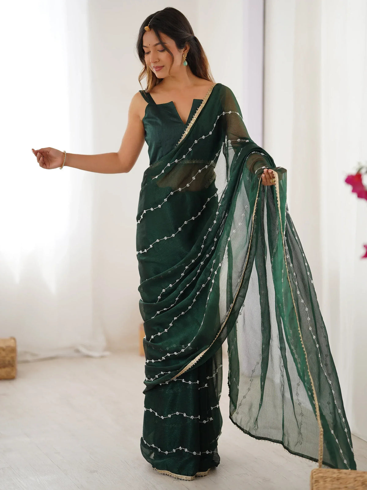 Gorgeous Beads Work Chiffon Saree With Blouse