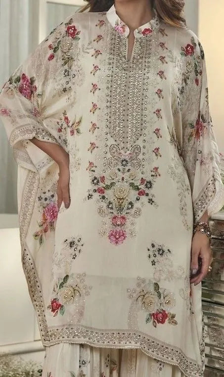 Floral Printed Mandarin Collar A-Line Kurta With Palazzos