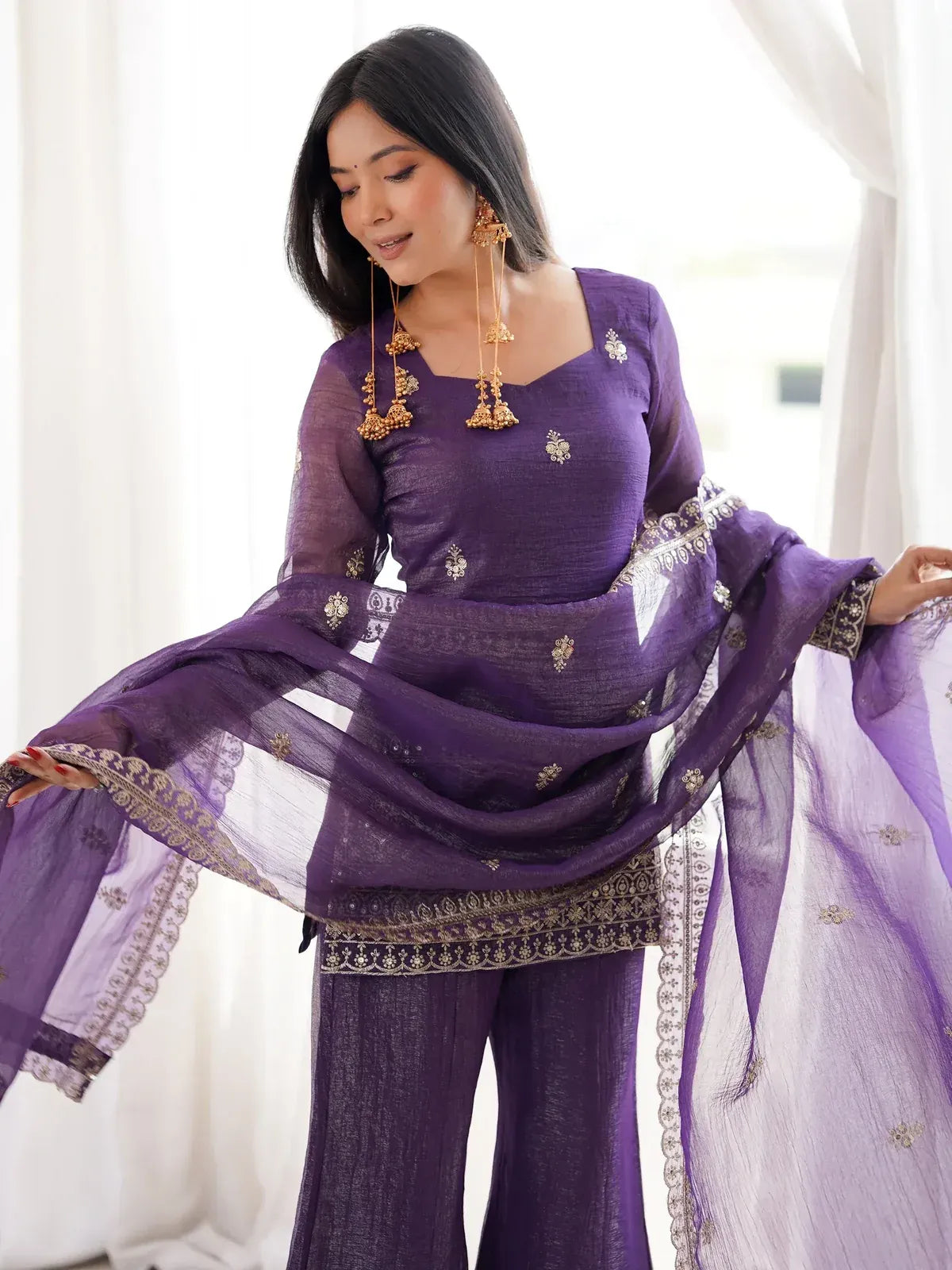Shiny Purple Zari Work Silk Festival Wear Palazzo Suit With Dupatta