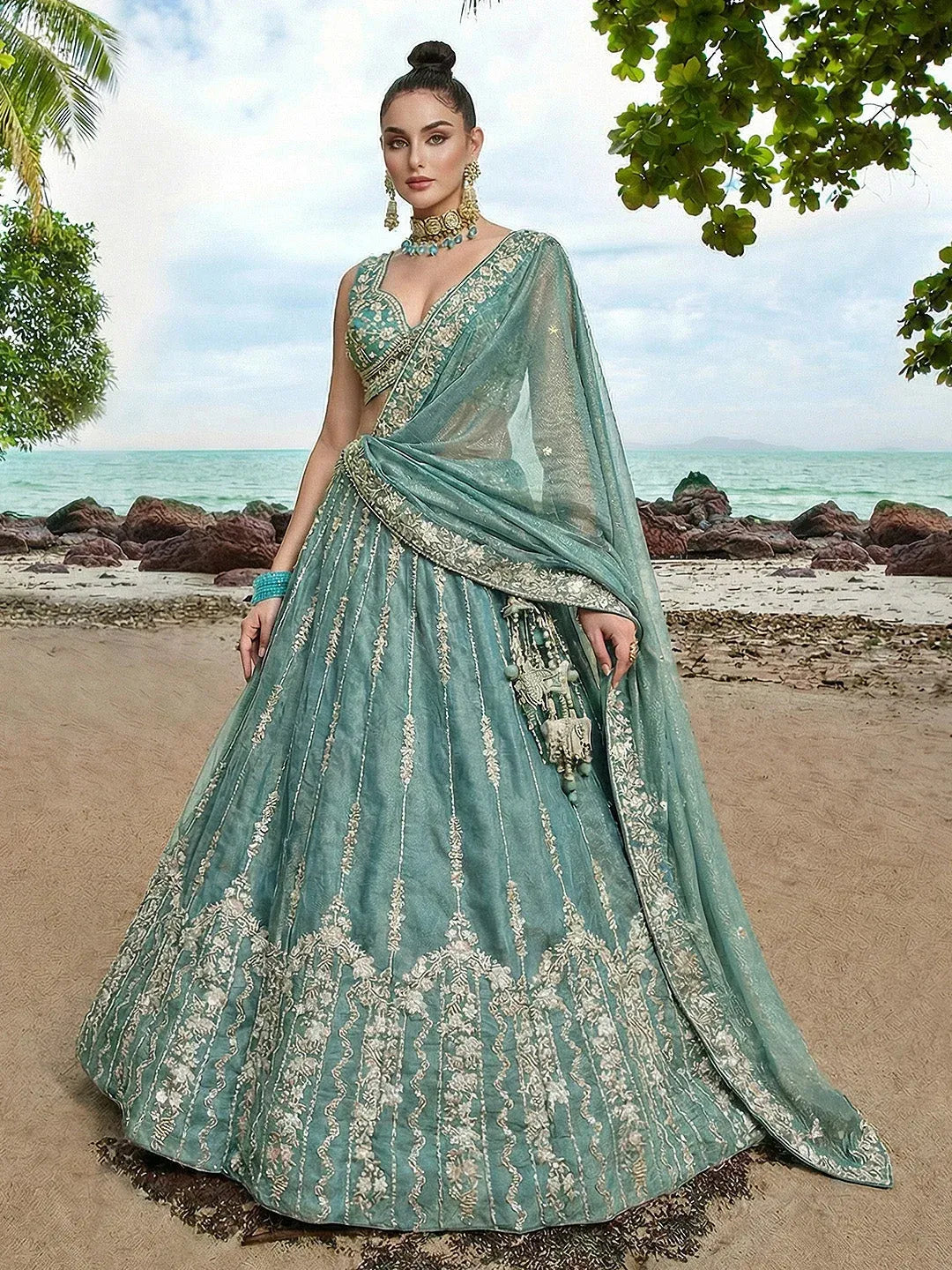 Turquoise Chiffon Sequence with Zari thread Embroidered Lehenga Set