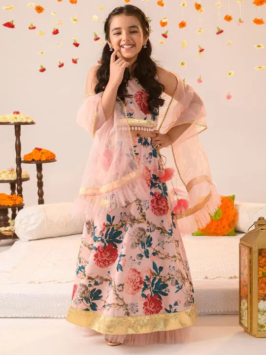 Girls Beige Ethnic Floral Printed Dupion Panelled Lehenga & Choli With Dupatta