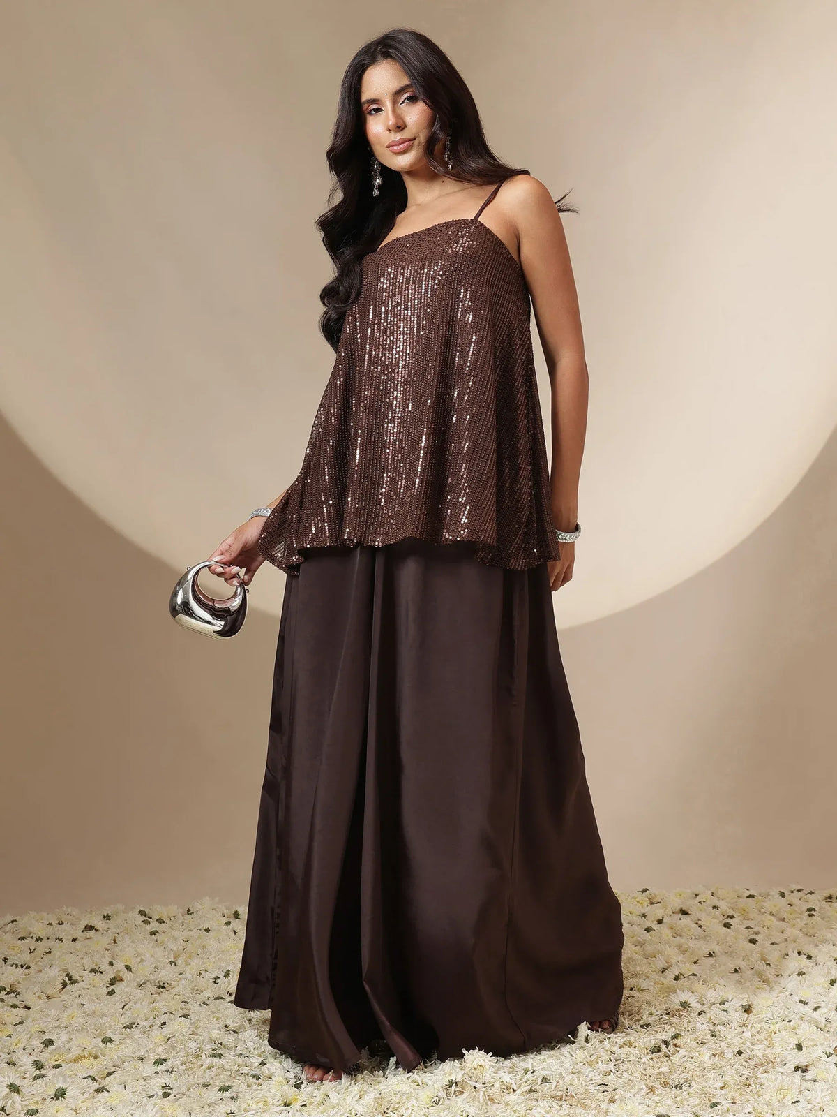 Women Black/Brown Sequin Strappy Top With Flared Pants