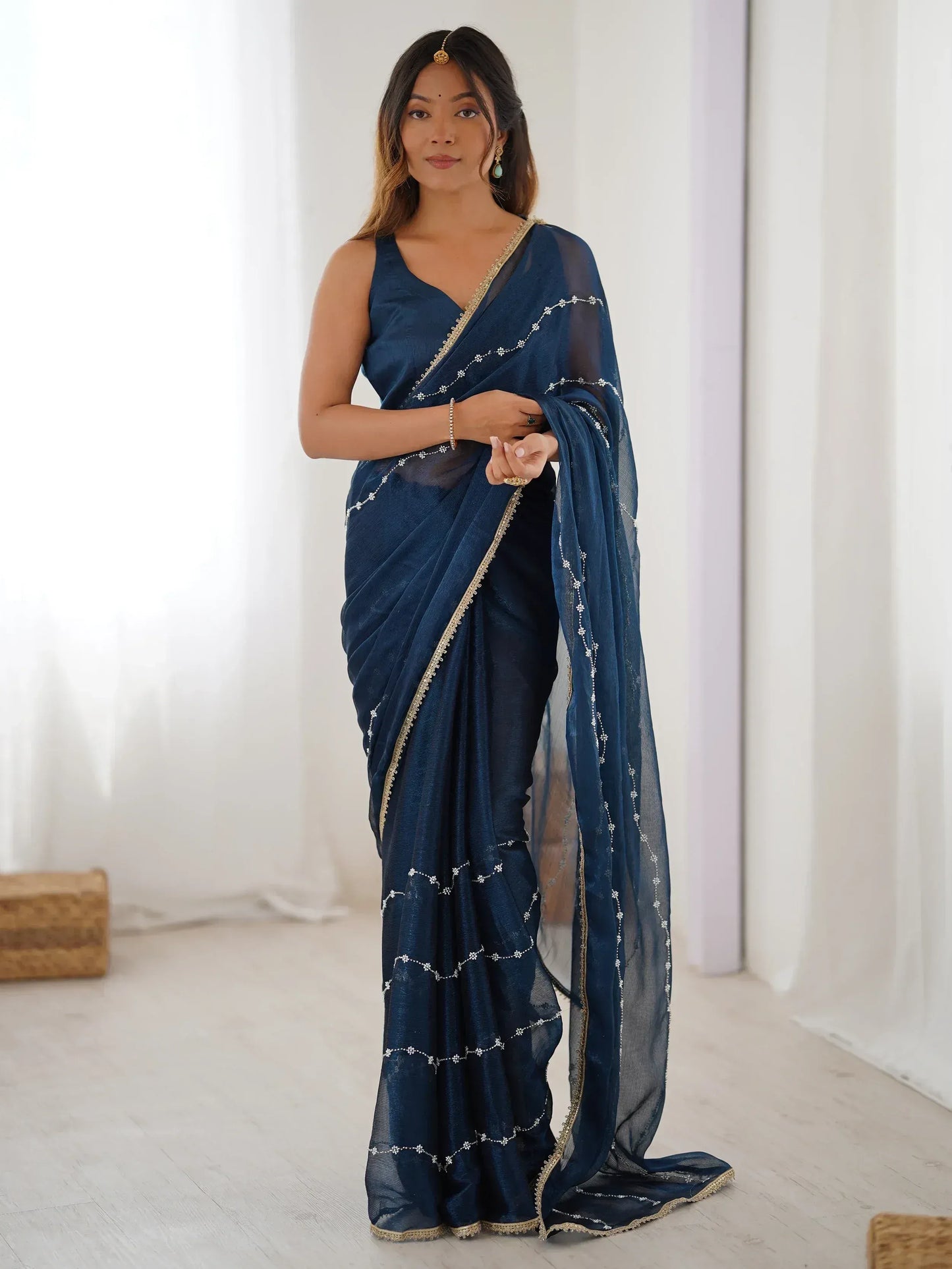 Gorgeous Beads Work Chiffon Saree With Blouse