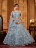Grey/Navy - Net Fabric Sequins embroidery Semi-Stitched Lehenga & Unstitched Blouse With Dupatta