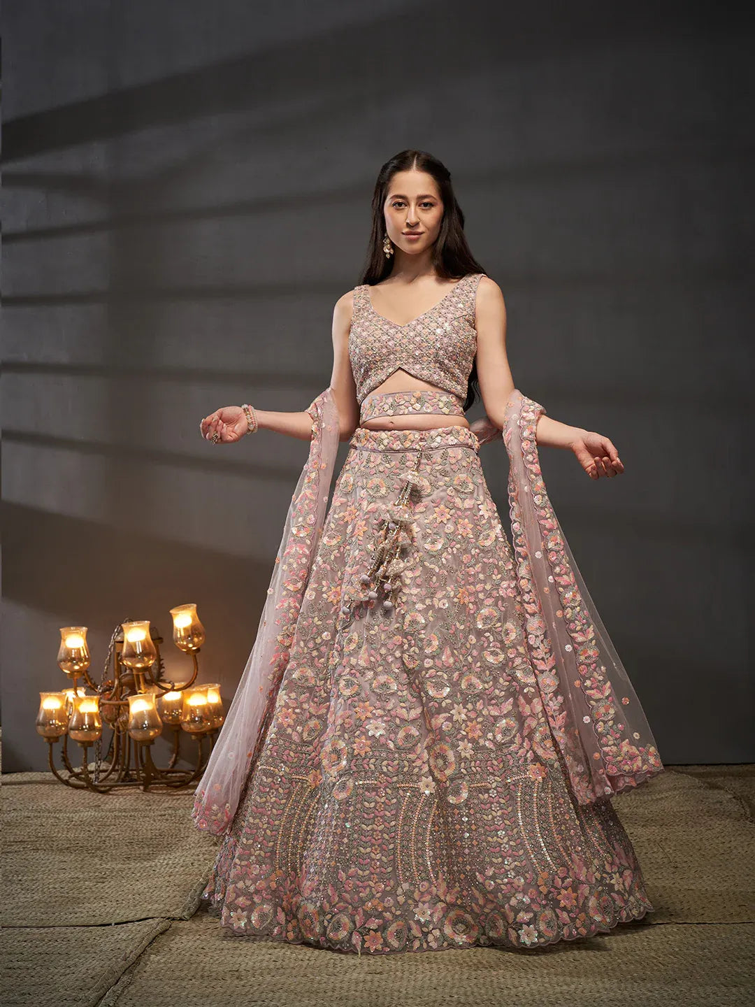 Lavender - Multi Sequins Embroidered Net Semi-Stitched Bridal Lehenga choli