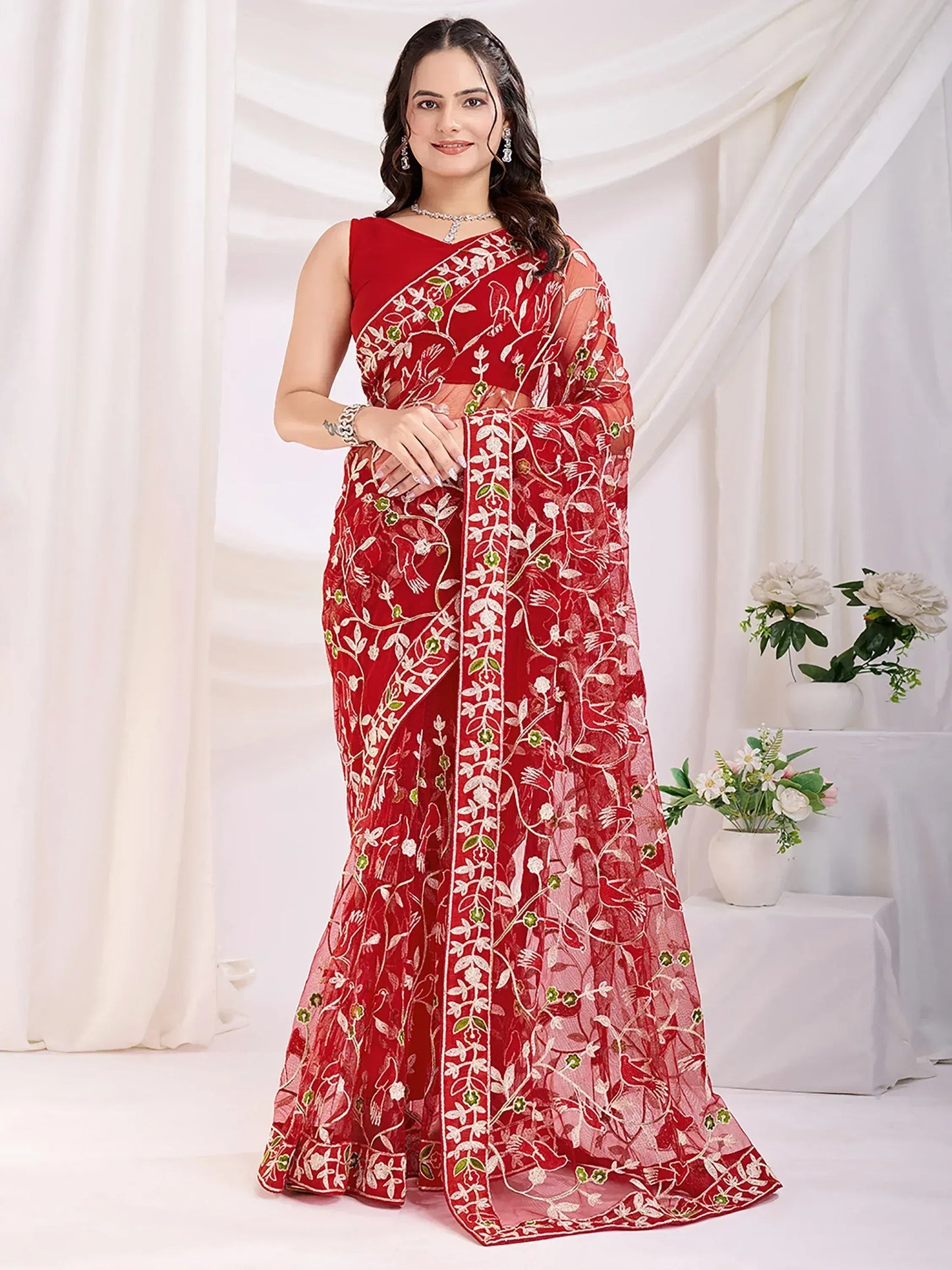 Thread Embroidered Net Party Wear Saree With Blouse - Black, Maroon, Rani Pink