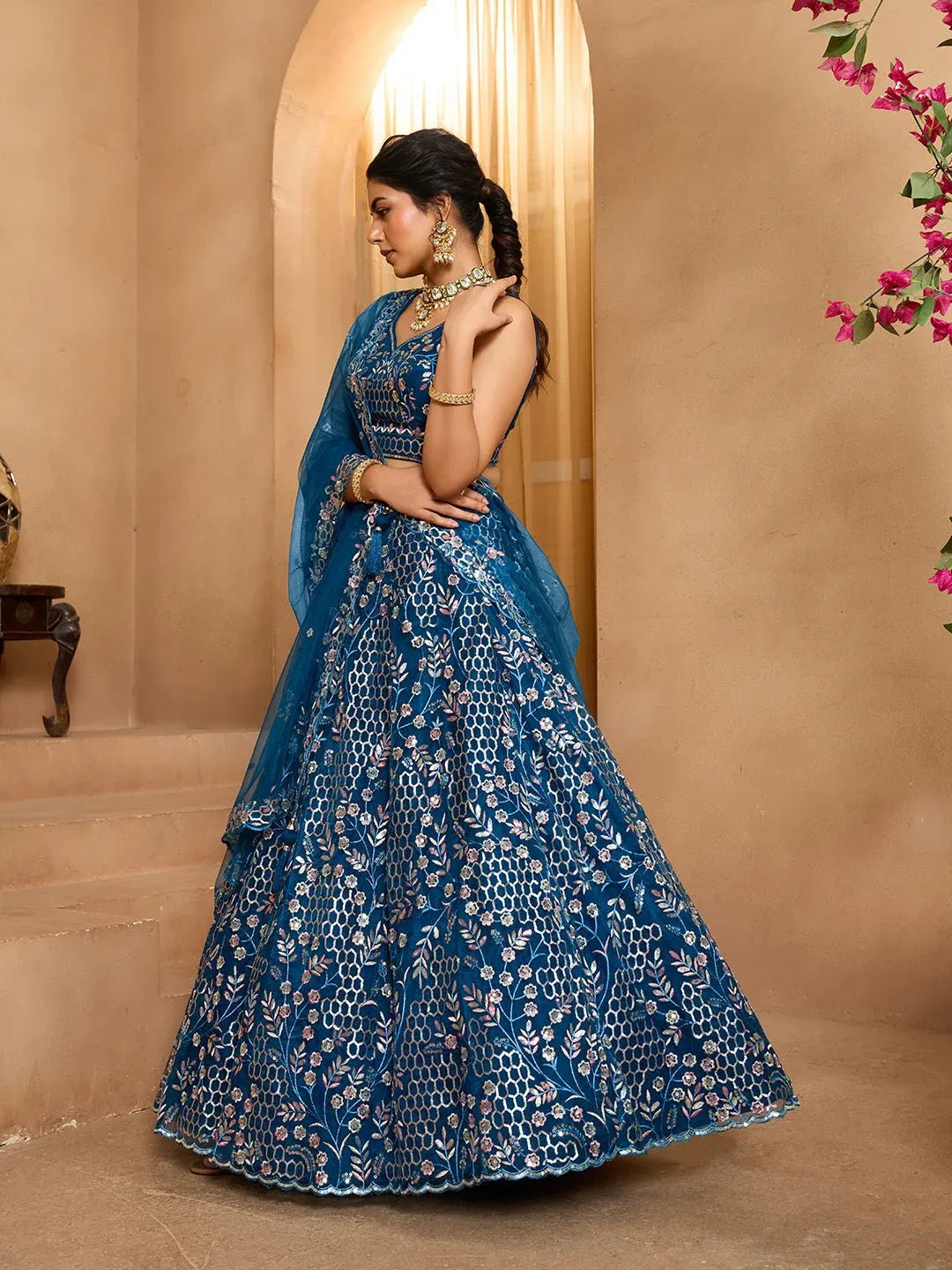 Grey/Navy - Net Fabric Sequins embroidery Semi-Stitched Lehenga & Unstitched Blouse With Dupatta