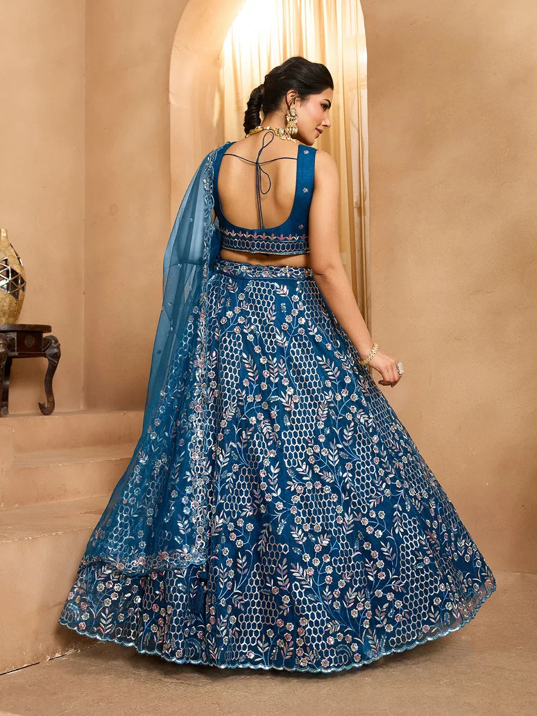 Grey/Navy - Net Fabric Sequins embroidery Semi-Stitched Lehenga & Unstitched Blouse With Dupatta