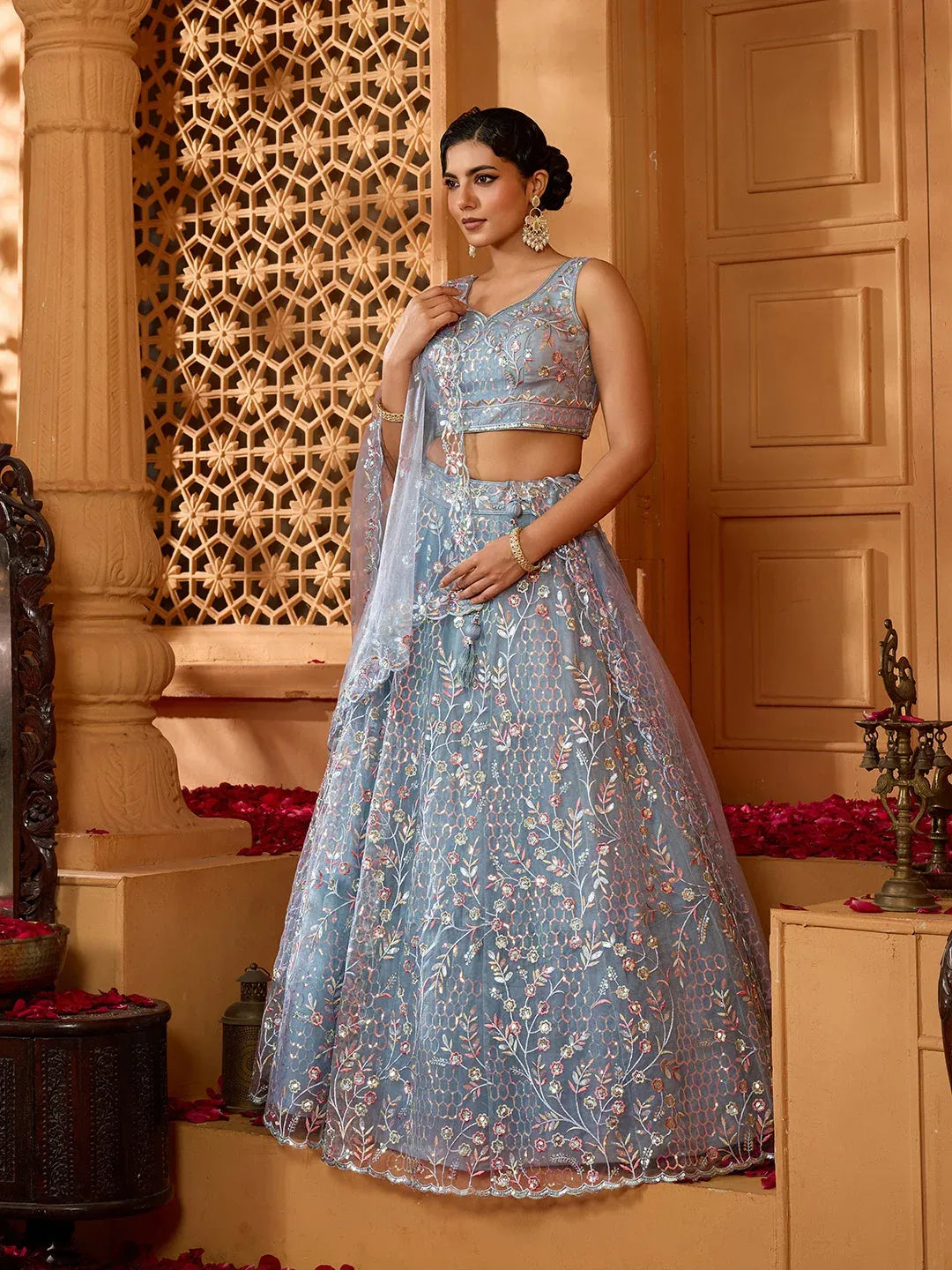 Grey/Navy - Net Fabric Sequins embroidery Semi-Stitched Lehenga & Unstitched Blouse With Dupatta
