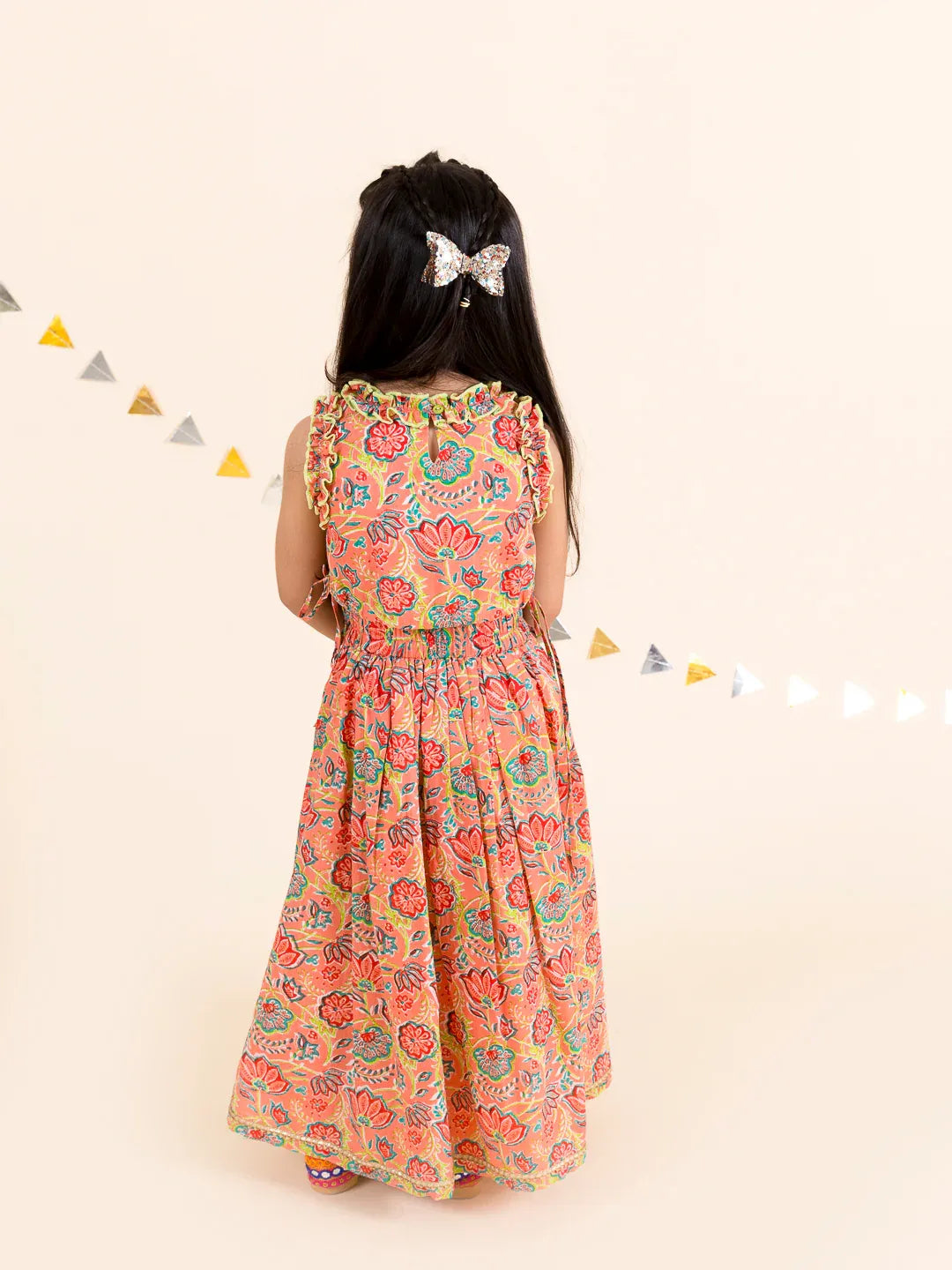 Girls Coral Floral Printed Cotton Flared Lehenga With Choli