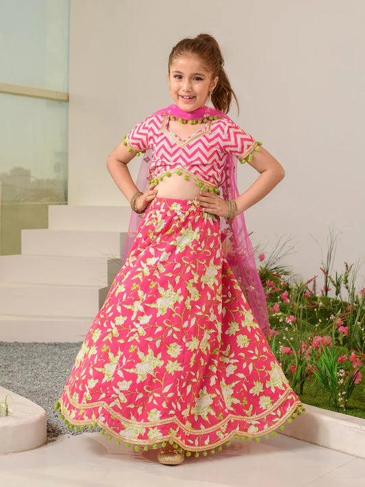 Girls Magenta Ethnic Floral Print Cotton Panelled Lehenga & Choli With Dupatta