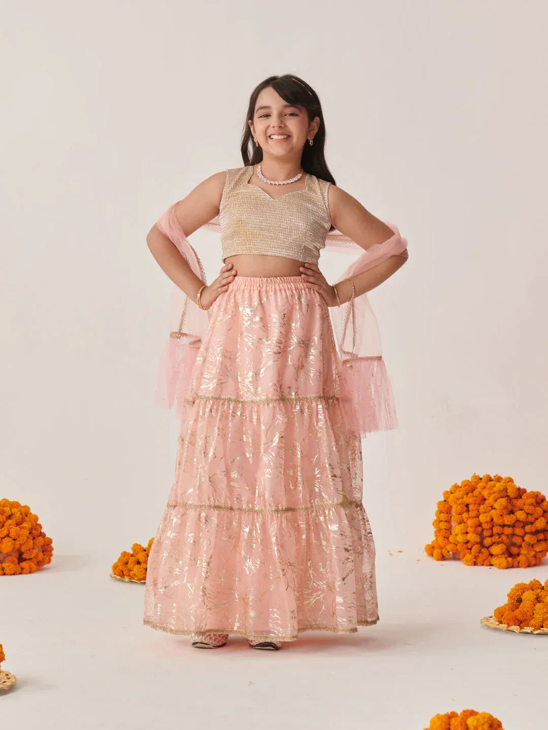 Girls Peach Ethnic Foil Print Shimmer Lurex Circular Lehenga & Choli With Dupatta