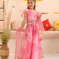 Girls Pink Ethnic Foil Print Organza Circular Lehenga & Choli With Dupatta
