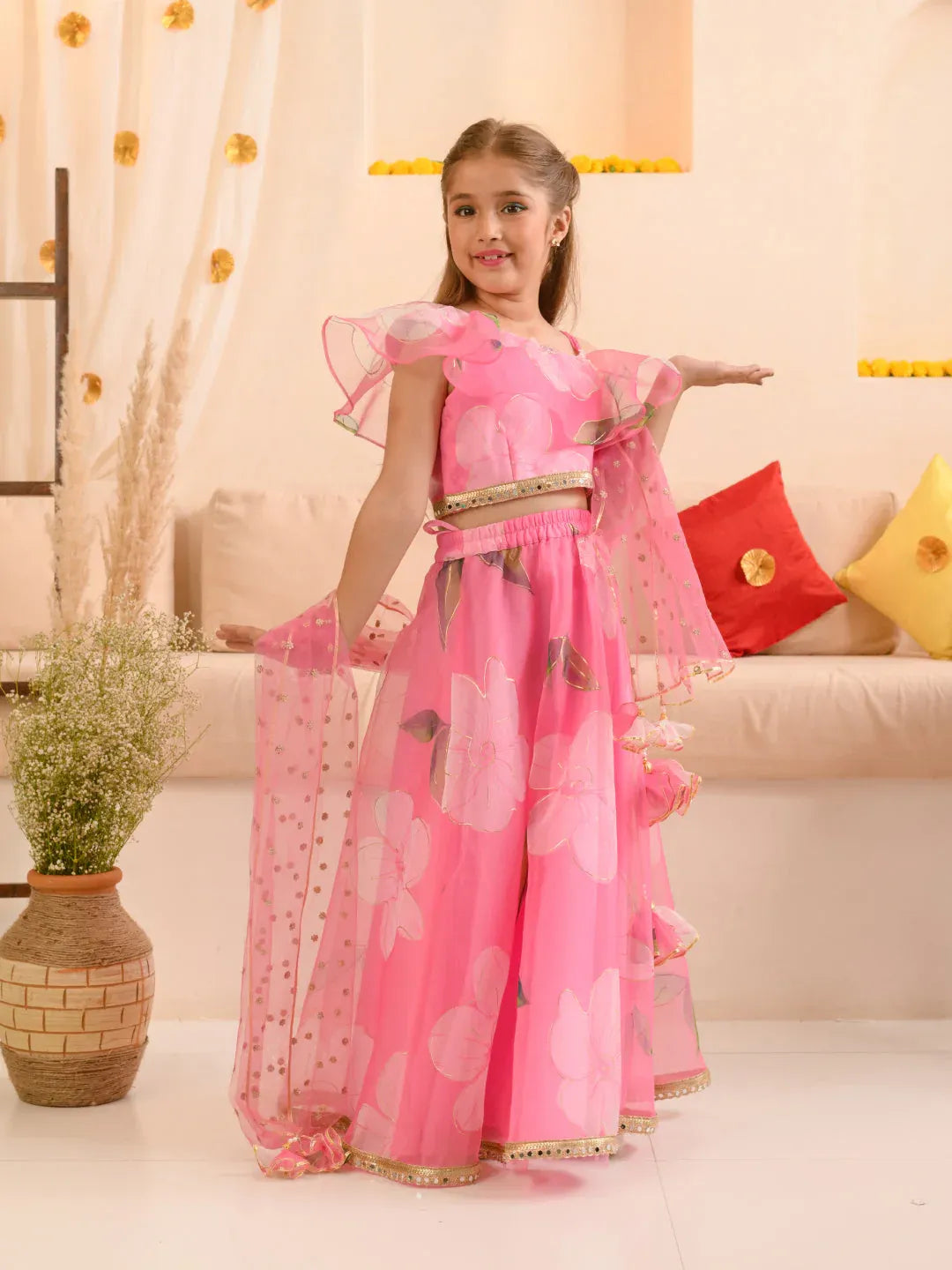 Girls Pink Ethnic Foil Print Organza Circular Lehenga & Choli With Dupatta