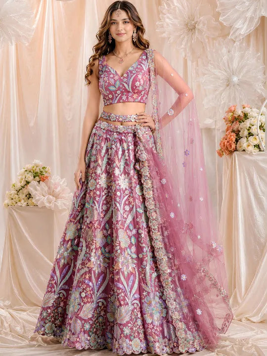 Embroidered Pink Sequined Semi-Stitched Lehenga & Unstitched Blouse With Dupatta