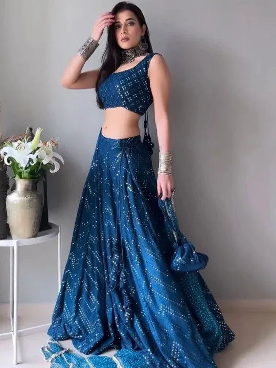 Embellished Sequined Semi-Stitched Lehenga & Blouse With Dupatta