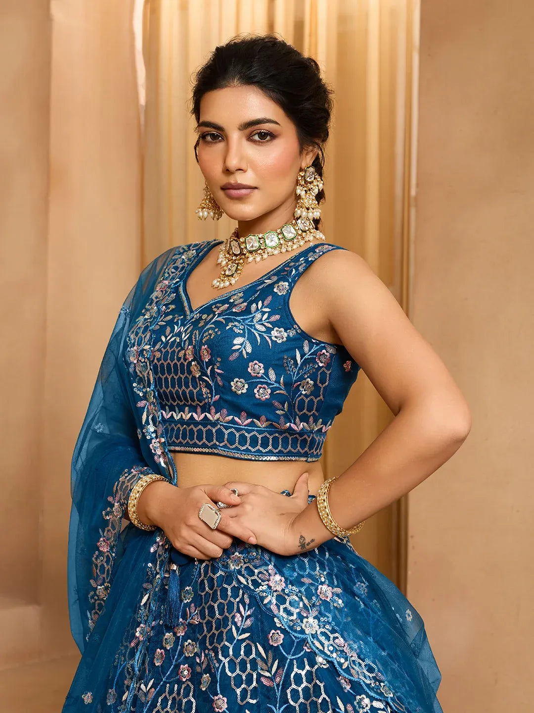 Grey/Navy - Net Fabric Sequins embroidery Semi-Stitched Lehenga & Unstitched Blouse With Dupatta