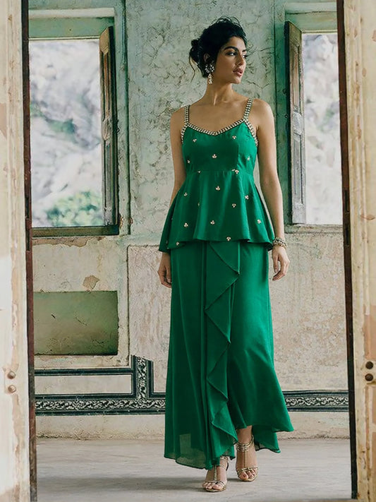 Women Embroidered Strappy Top With Dhoti Skirt