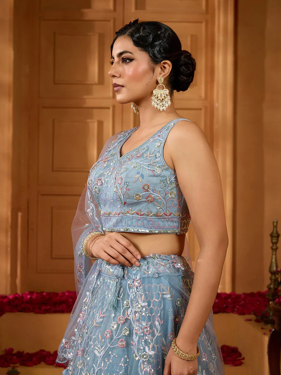 Grey/Navy - Net Fabric Sequins embroidery Semi-Stitched Lehenga & Unstitched Blouse With Dupatta