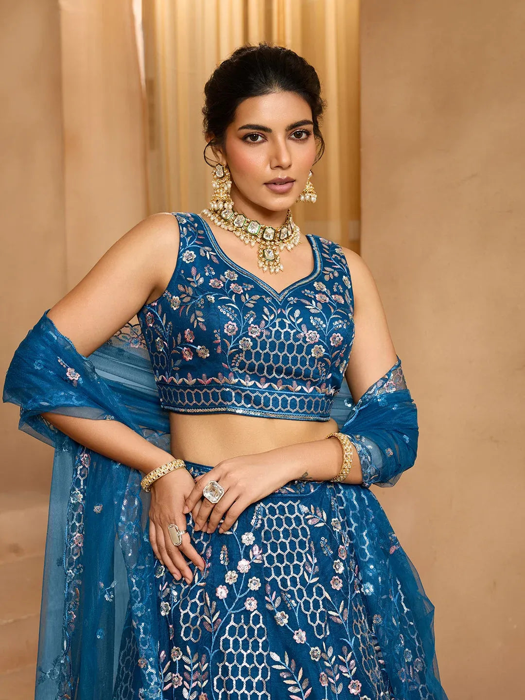 Grey/Navy - Net Fabric Sequins embroidery Semi-Stitched Lehenga & Unstitched Blouse With Dupatta