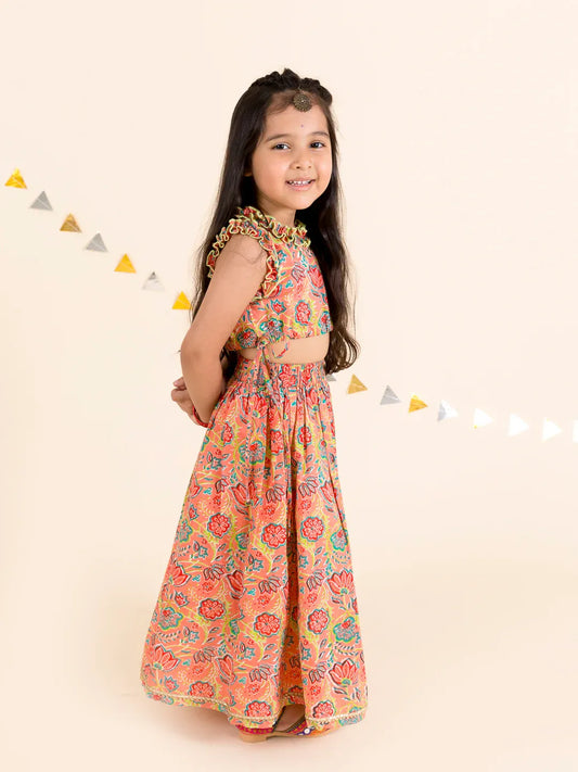 Girls Coral Floral Printed Cotton Flared Lehenga With Choli