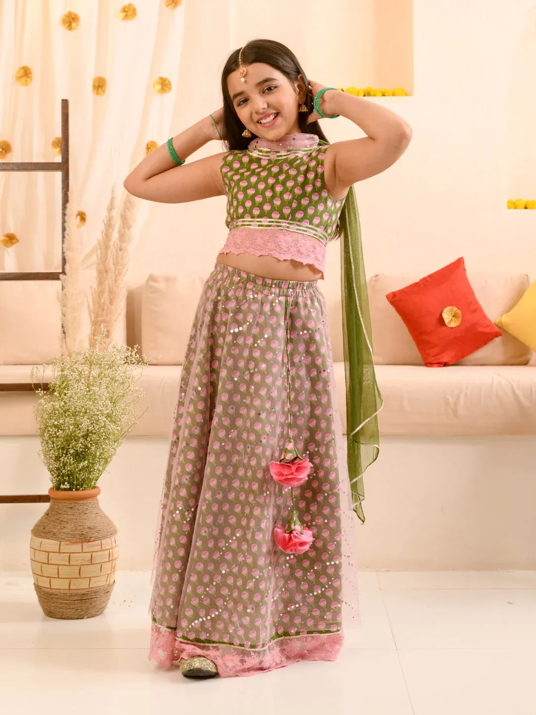 Girls Olive-Green Ethnic Booti Printed Cotton Circular Lehenga & Choli With Dupatta