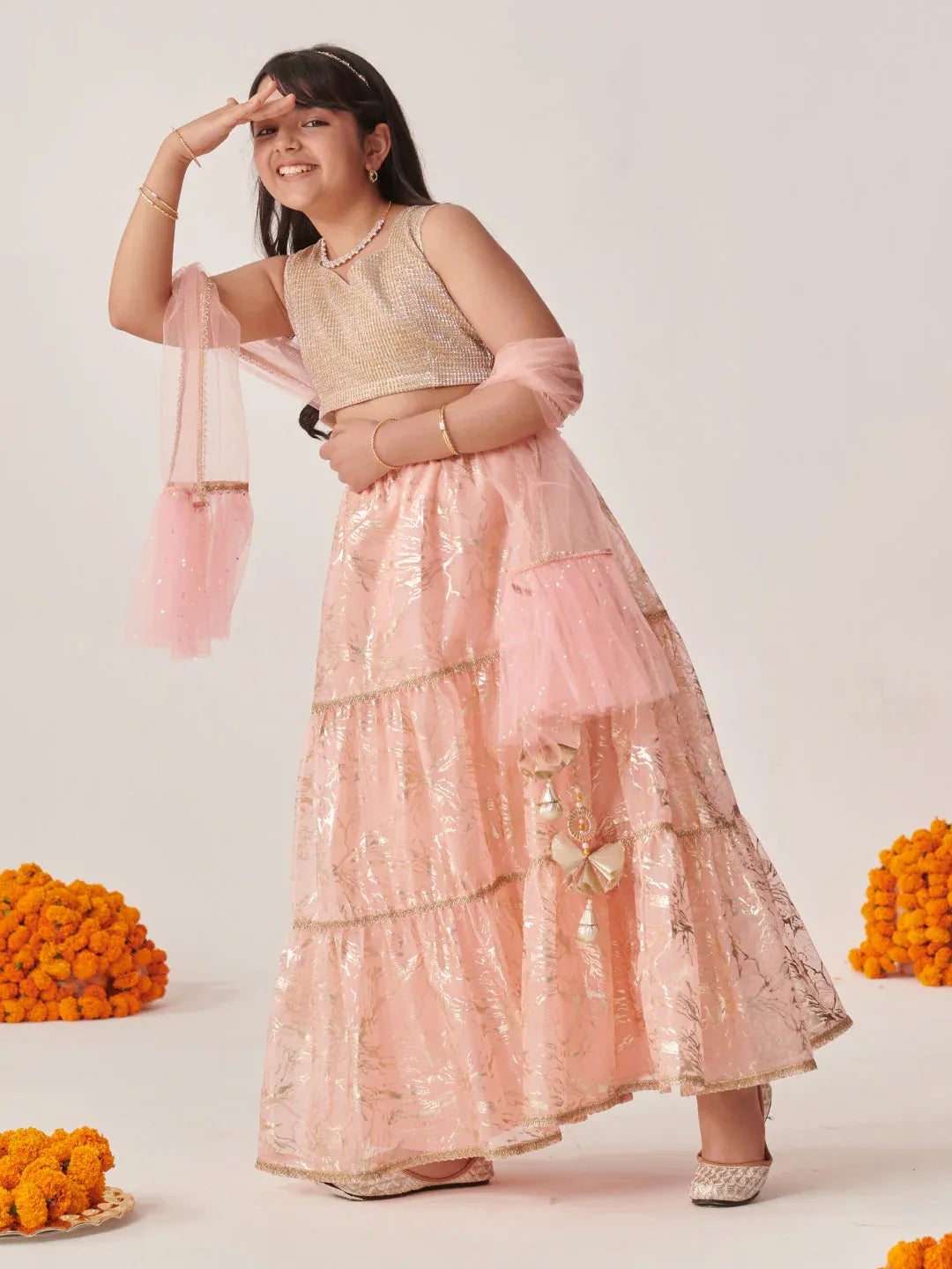 Girls Peach Ethnic Foil Print Shimmer Lurex Circular Lehenga & Choli With Dupatta
