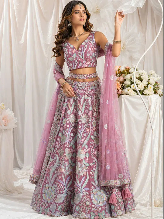 Embroidered Pink Sequined Semi-Stitched Lehenga & Unstitched Blouse With Dupatta