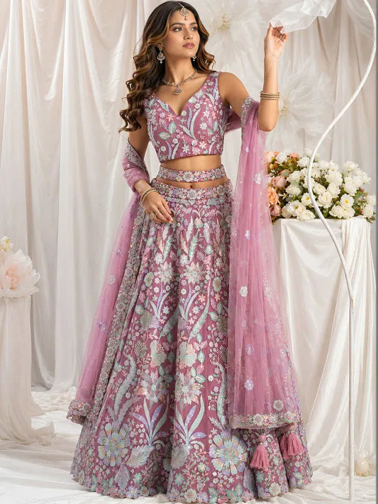 Embroidered Pink Sequined Semi-Stitched Lehenga & Unstitched Blouse With Dupatta