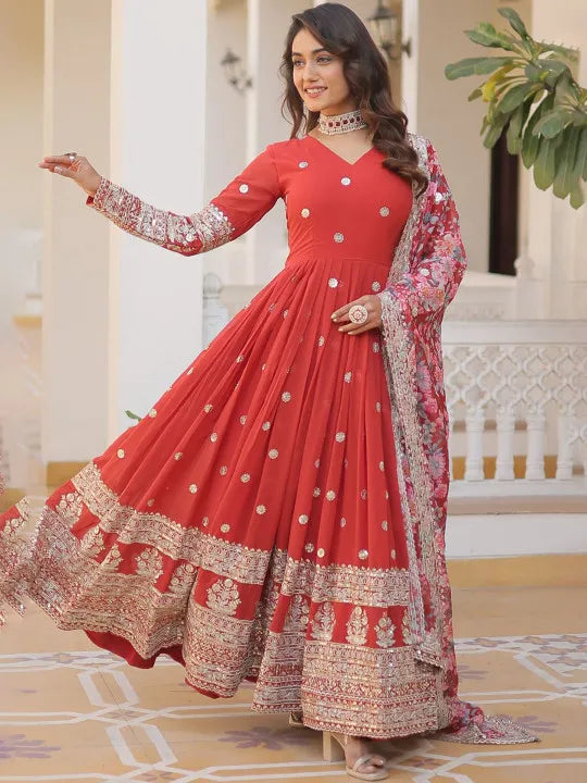 Floral Embroidered Sequined Georgette Anarkali Kurta With Dupatta
