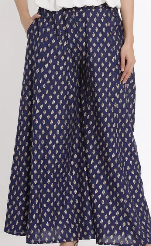 Navy Blue Ethnic Motif Printed Rayon Flared Women Palazzo With One Pocket
