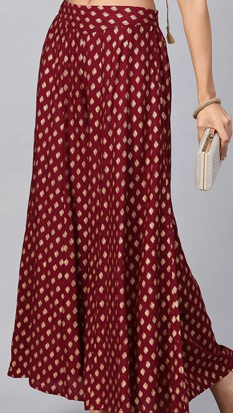 Maroon Ethnic Motif Printed Rayon Flared Women Palazzo With One Pocket