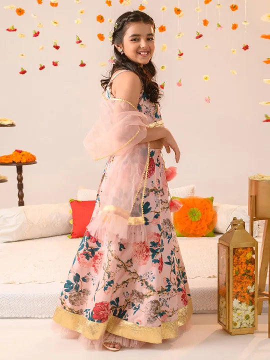 Girls Beige Ethnic Floral Printed Dupion Panelled Lehenga & Choli With Dupatta