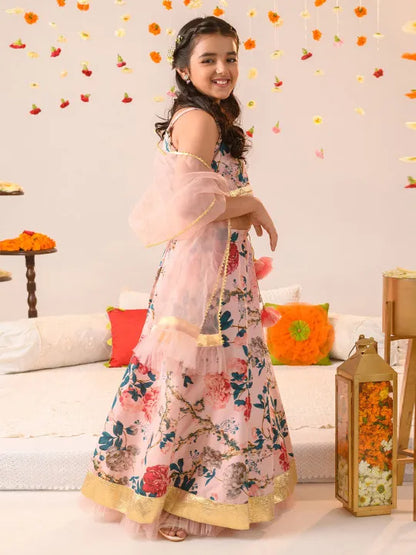 Girls Beige Ethnic Floral Printed Dupion Panelled Lehenga & Choli With Dupatta